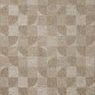 Round indoor/outdoor rug with modern circular pattern in beige neutrals and short edge fringe