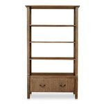 Caroline bookcase with overhanging top, curved front legs, four shelves, bottom drawer in mid-tone brown wood