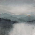 Tranquil lakescape with mist, soft blue and gray tones, layered brushstrokes creating an ethereal atmosphere