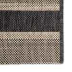 Close-up of woven texture showing tight flat weave and edge binding in alternating gray and beige stripes