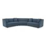 Three-piece blue fabric sectional sofa with wedge slipper, curved and sloped arms on minimalist wooden base