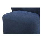 Close-up detail of cushioned seat with textured navy upholstery fabric