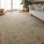 Rug displayed in bright living room with wooden floor, beige sofa, and houseplant