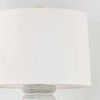 Harwinton Table Lamp with undulating ceramic base in matte white glaze with grey flecks and large white linen drum shade