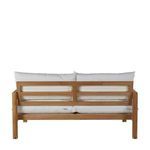 Back view of loveseat showing teak slat design and cushion placement