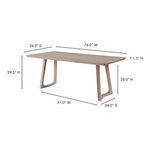 Silas Dining Table with dimensions overlay showing width, depth, height, and tabletop thickness
