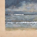 close-up of upper right corner showing blurred clouded sky and ocean horizon with date marking on brown paper