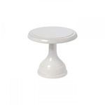 White ceramic stoneware footed plate with round shape and smooth glossy finish
