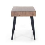 Desk viewed from the narrow side highlighting the thickness of wood top and black legs