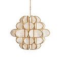 Brass chandelier hanging from ceiling plate with chain and rod exposed