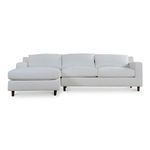 Off-white Hutton sectional sofa with plush cushions, higher back, and tapered dark wood legs in chenille fabric
