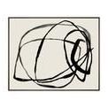 Abstract painting with overlapping thick and thin black circular strokes on a light background