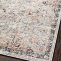 Angled close-up of rug surface showcasing faded traditional floral pattern and soft navy highlights