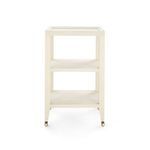 Front view of Isadora Side Table showing symmetrical shelves and caster wheels
