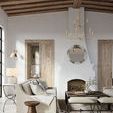 Living room view repeats with chandelier centered over coffee table beneath exposed wood ceiling