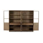 Double cabinet with both doors wide open, showcasing empty shelves and drawers inside