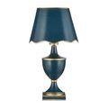 Travelogue lamp front view with scalloped edge navy shade and gold trim on curved body