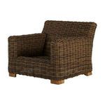 Montauk Raffia Lounge chair without cushions showing side profile of woven dark raffia and teak feet