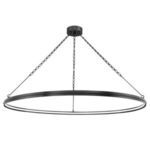 Rosendale Large LED chandelier with a thin circular black frame suspended by three chains from a matching black ceiling mount