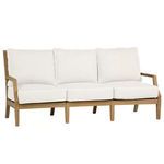 Haley Teak Sofa with light teak wood frame and off-white cushioned seats and backs, three-seat configuration