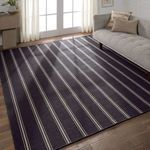 Room setting with navy and ivory striped rug under couch next to wood floor and bright windows