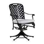 Black aluminum swivel rocker chair with white cushion, angled front view