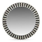 Circular Isolde mirror with alternating light and dark hand-laid Torrento and black marble segments, matte leathered finish