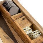Grey round backgammon chips and white dice stored in wooden compartments showing fine wood grain