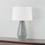 Alloway Table Lamp with narrow double-tapered ceramic base in swirling coastal blue glaze and white linen drum shade