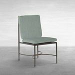 Roma Wrought Aluminum Side Chair with slate grey frame, light teal cushions, and gold finial detail