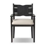 Tova Dining Armchair with black wood frame, sculptural rope-wrapped back, and neutral cushioned seat
