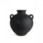 Black terracotta vase with smooth matte finish, rounded body, narrow neck, and two loop handles