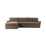 Two-piece sectional with left chaise, flared arms, and floor-length brown slipcover in soft tight weave linen