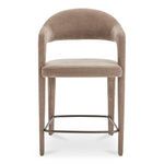 Martens counter stool with open barrel back, continuous leg-to-frame curve, padded fabric seat, and metal footrest