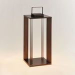Hanley Solar LED Lantern with rectangular bronze metal frame, solar panel on top, and open center for warm light
