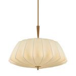 Flinders pendant with a large faceted cream polymer fabric shade and patina brass suspension with an oak wood detail