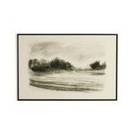 Hand-drawn coastal landscape painting in sketched style with black distressed pine frame