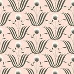 Blush ivory matte wallpaper with a repeating pattern of stylized black leaves and white circular flowers