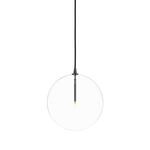Glass globe pendant with light turned on in black rod against white background