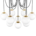 Close-up view of Spider Chandelier showing cluster of matte glass globes with brass tops and black cords