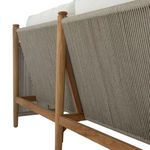 Rear perspective featuring angled grey rope backrest supported by teak frame