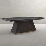 Ferris Mindi Veneer Pedestal Dining Table with cerused forest black finish and gold-toned banded angled base