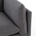 Close detail of back cushion and armrest seam on charcoal Westwood sectional