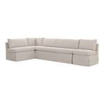 Angled frontal view of banquette highlighting plush cushions and relaxed tilt of backrest.