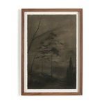 Dark moody landscape painting with tall slender trees and textured walnut frame