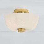 Flush mount light with unetched cloud glass shade over opal inner glass and aged brass metalwork