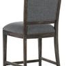Back view of Beaumont counter stool showing slate fabric upholstery on backrest and distressed French Press wood frame