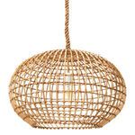 Sable Open-Weave Wicker Pendant Light with oval wicker shade and exposed bulb suspended by braided cord