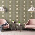 Wallpaper in living room setting with two pink armchairs, hanging white pendant lights, and decorative side tables