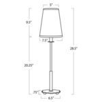 Line drawing of lamp showing dimensions: 28.5 inches tall, shade 9.5 inches tall, base 6.5 inches wide